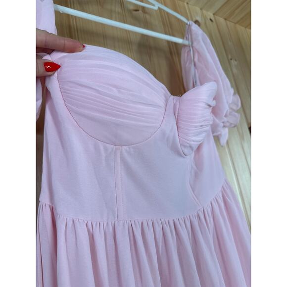 NWT Lulus Exceptionally Gorgeous Blush Chiffon Off-the-Shoulder Maxi Dress Sz XL - Picture 6 of 8